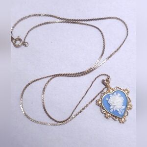 Vtg 1950s Joseph Cleary Cameo Pendant Necklace Wedgewood Blue Goldtone CZ RARE